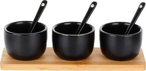 Комплект от 3 керамични купи с лъжици върху бамбуков поднос, 21,5x6,5x5,5 см, черни