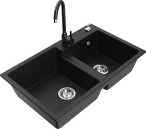 Mexen Tomas гранитна мивка с 2 камери и кухненски смесител Telma, черен - 6516-77-670200-70