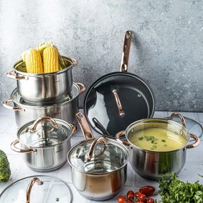 Комплект тенджери и тиган Kinghoff KH 1765, 12 ч, Индукция, Инокс/розово злато