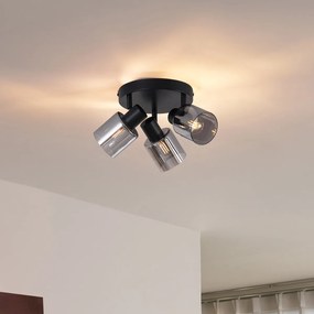 Модерна таванна лампа черна с кръгло димно стъкло 3-светлинна - Cilin