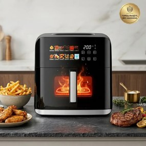 Фритюрник с горещ въздух Oliver Voltz OV51980CF, 1800W, 8 л, 80-200°C, 12 програми, Таймер, Горен и долен нагревател, Прозорец, LED, Черен