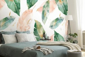 Тапет – Акварелни зелено-прасковени листа