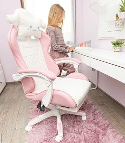 Детски геймърски стол с поставка за крака и масажна облегалка - розов