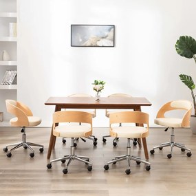 3054916 vidaXL Въртящи столове, 6 бр, кремави, извито дърво и изкуствена кожа