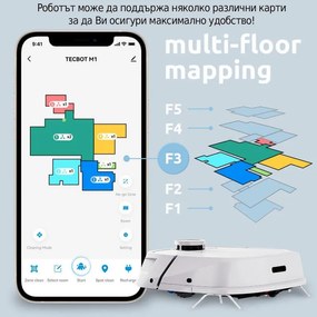 Прахосмукачка робот Tecbot M1, Li-ion 5200 mAh, 4000 Pa, 0.5 l, HEPA, Wi-Fi, Автономност до 160 мин, Подомиячка със самопочистващ моп, Черен