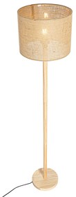 Селска подова лампа дървена с ленен абажур естествен 32 см - Mels