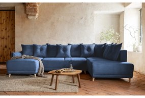 Тъмносин ъглов разтегателен диван от велур (десен ъгъл/U-образна форма) Lazy Lukka - Miuform